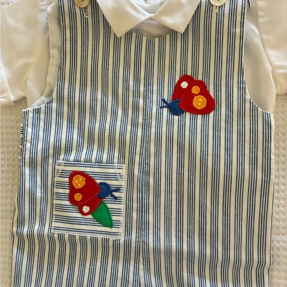 SYLVIA WHITE Blue and White Striped Diaper Cover with Floral Embroidery